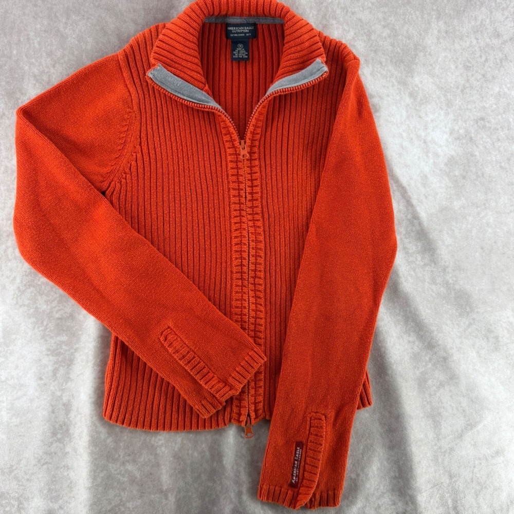 American Eagle Orange Ribbed Full Zip Mock Neck Cotton Cardigan Sweater Medium